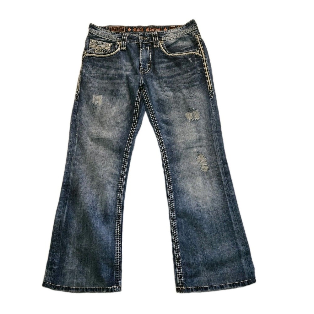 Rock Revival Kael Bootcut Jeans Mens 34 Buckle Exclusive Thick Stitch Distressed